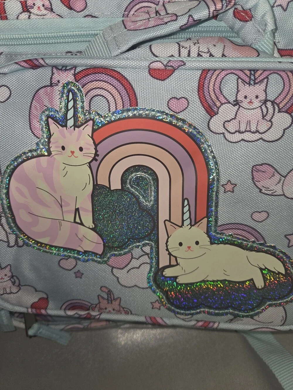 wonder nation Light Blue Unicorn Cat Rainbow Backpack with Lunch Bag